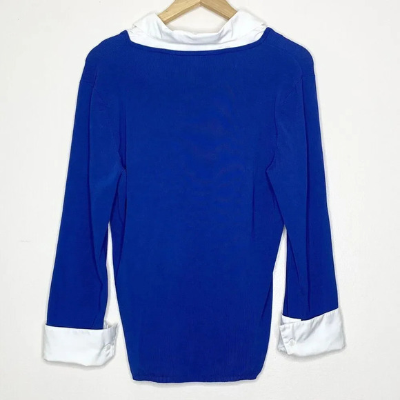 Talbots Blue White White Faux Layered Sweater Blouse Size L Long Sleeve Cuffs - Picture 6 of 11